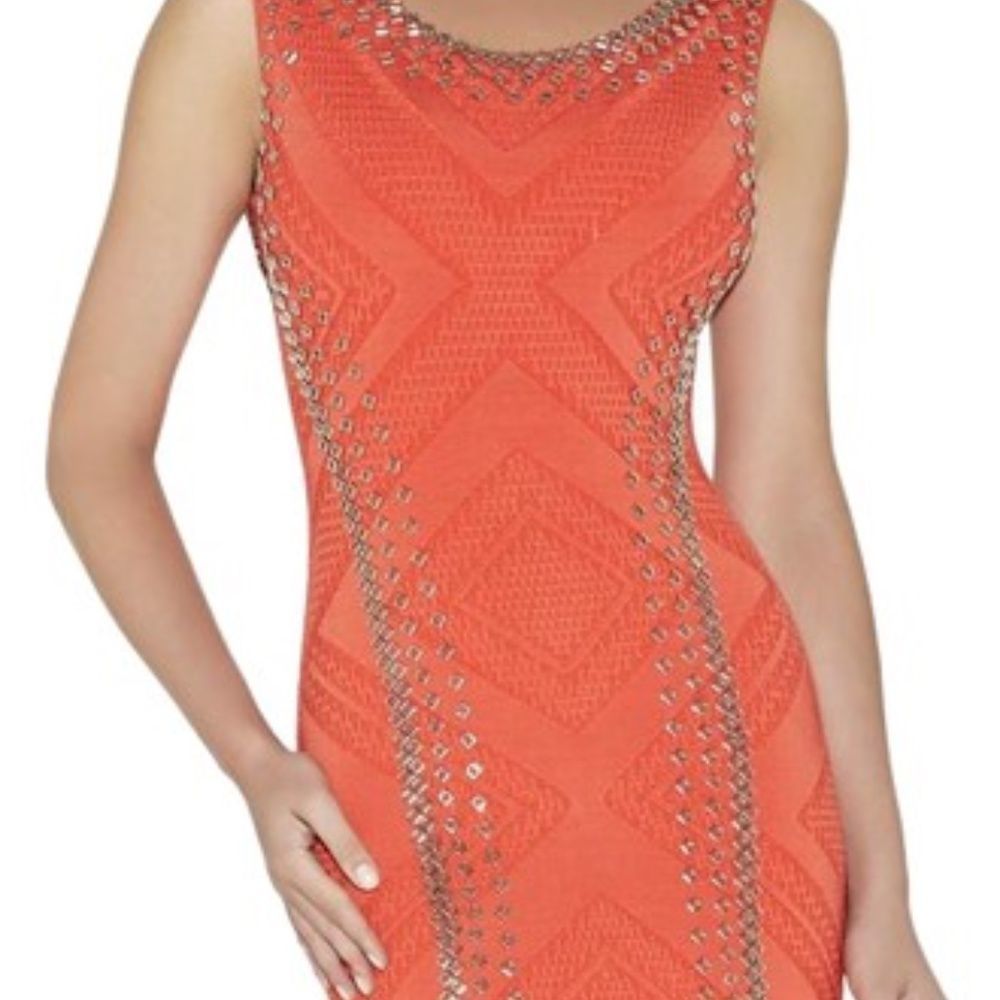 HERVE LEGER "ADRIANE" dress size Small, Orange with silver studs